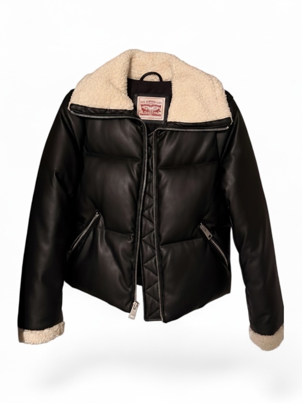 Levi’s Black Faux Leather Puffer Jacket with Ivory Sherpa Collar